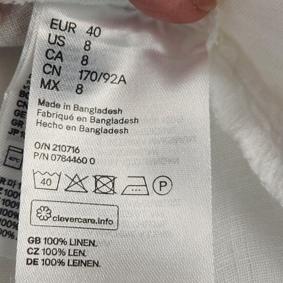 H&M 100% Linen Peplum Wrap Blouse Women’s SZ 8 White Tie Pearl Buttons EUC - Picture 13 of 14